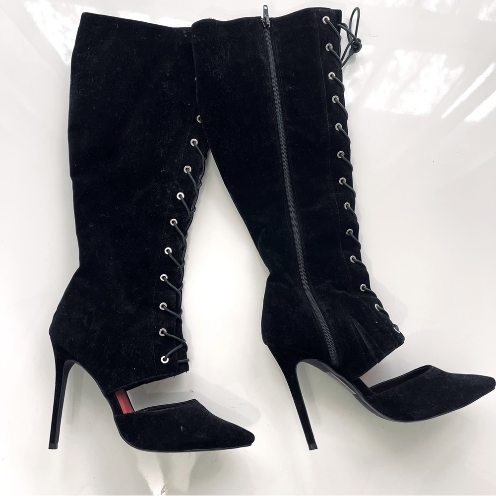SHOE REPUBLIC LA boots BLACK lace up open front tall knee high velvet boot 8.5